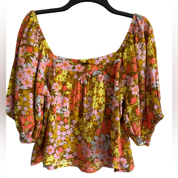 Billabong Floral Beach Daze Puff Sleeve Crop Top Medium Square Neck Shirt - Picture 3 of 4